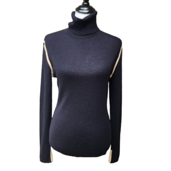 Equipment Black Rib-Knit Turtleneck Sweater 100% Wool Tan Trim Slit Cuffs - Picture 1 of 13